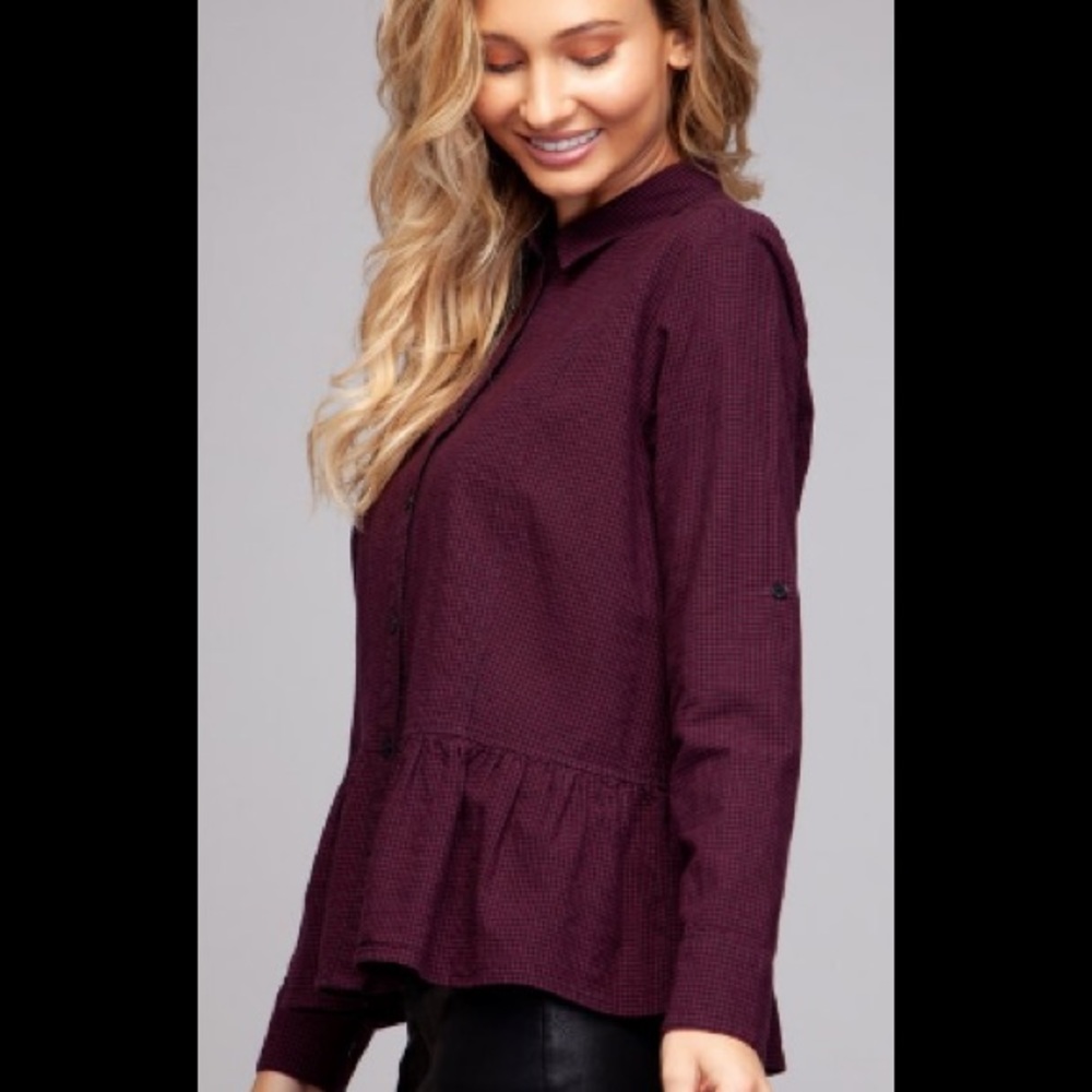 NWT Always and Forever burgundy peplum button up